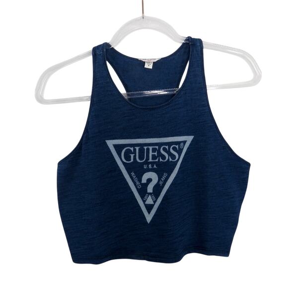 GUESS Y2k Blue Cropped Graphic Logo Tank Top Medium - Picture 2 of 6